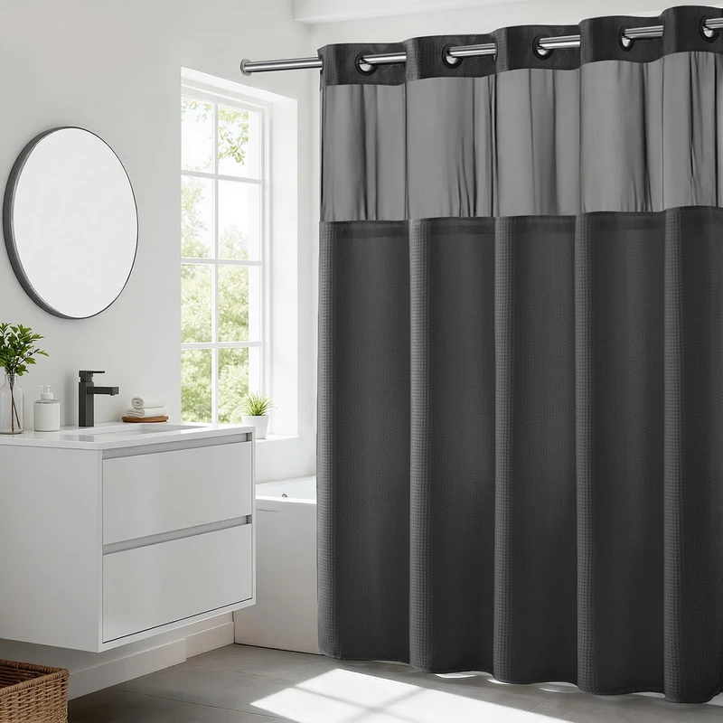 River Dream No Hooks Required Waffle Weave Shower Curtain with Snap in Liner - 71W x 74H,Hotel Grade,Spa Like Bath Curtain,Graphite Grey