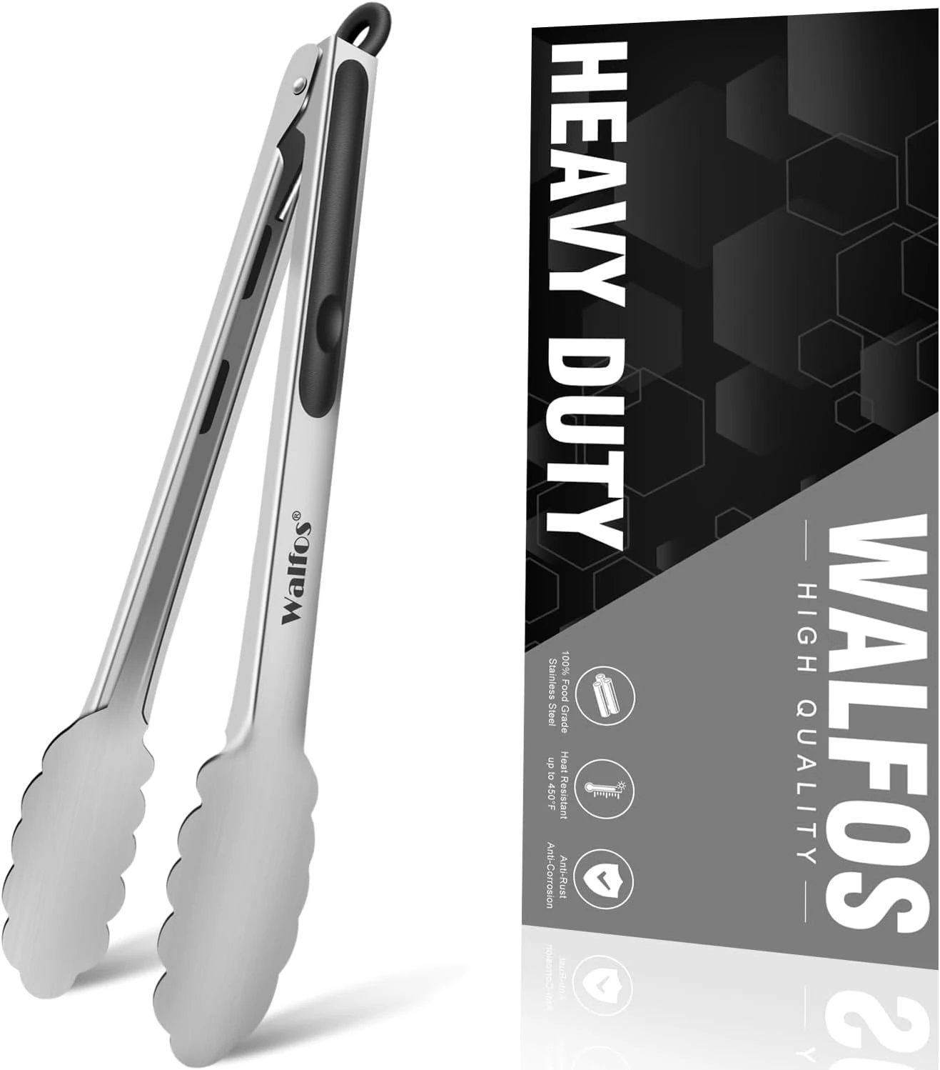 Walfos Kitchen Tongs - 30cm Heavy Duty Food Tongs, Stainless Steel and Non-Slip Heat Resistant Handle - Great for Cooking, Grilling, Turning and Barbecue