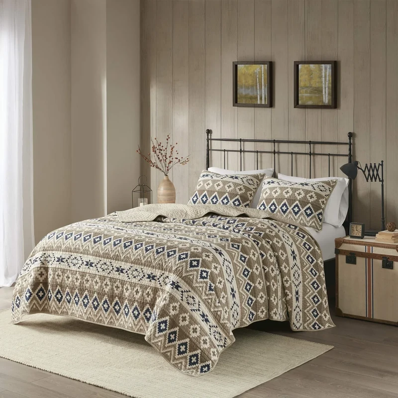 Woolrich Quilt Set-Cottage Styling Reversed to Solid Color, Cotton, Montana Tribal Tan, Oversized Full/Queen