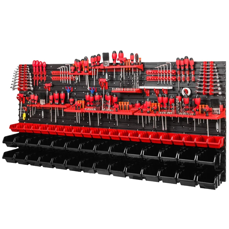 PAFEN Workshop Wall Shelf, 1728 x 780 mm, Storage System With Tool Holders and Stacking Boxes, Wall Plates, Extra Strong, Shutter Shelf (Red/Black)