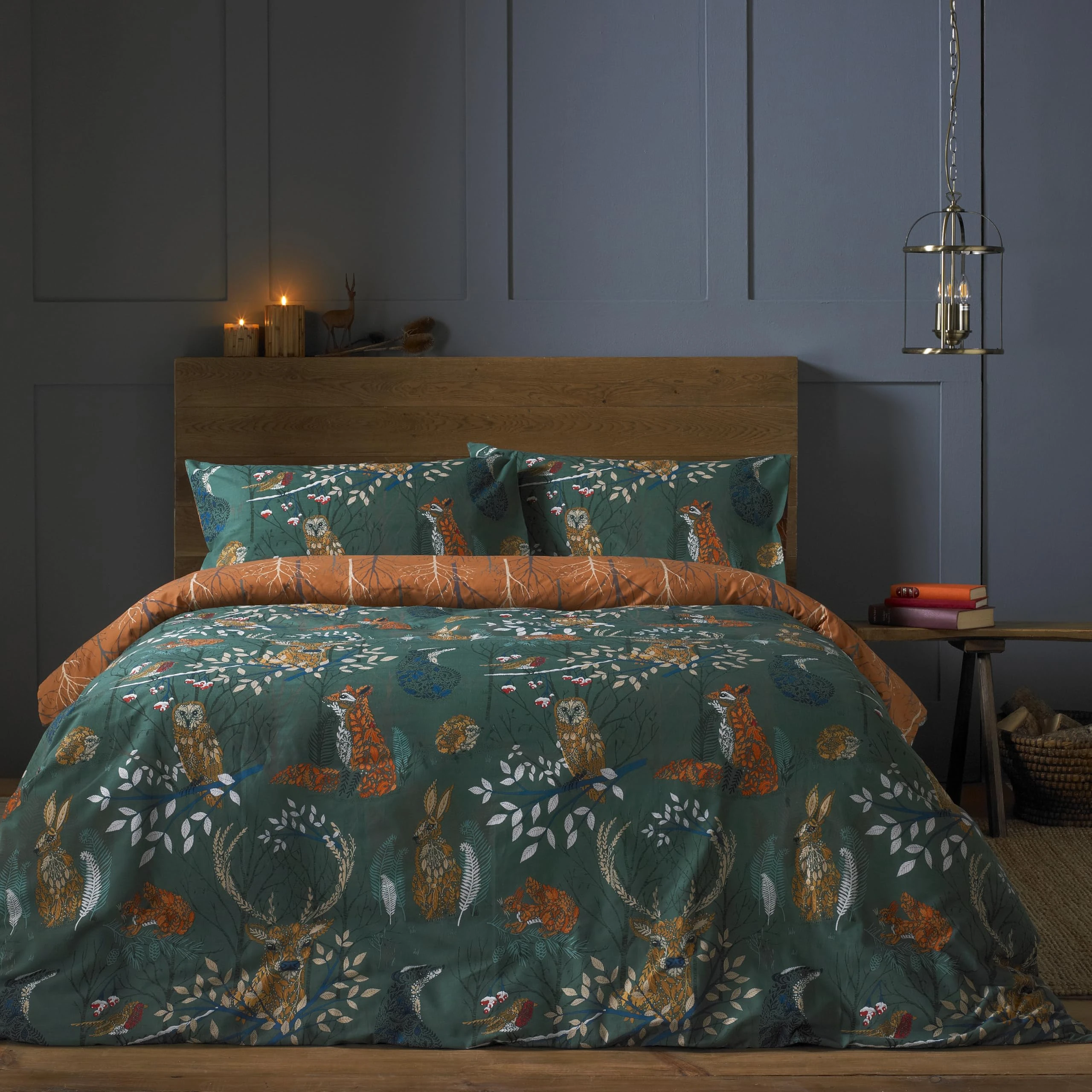 furn. Forest Fauna Woodland Duvet Set – Reversible Nature Inspired Bedding with Animal Print, Soft Polycotton, Machine Washable (Emerald – Double)