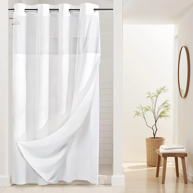 River Dream No Hooks Required Waffle Weave Shower Curtain with Snap in Liner -Stall 54W x 80H,Hotel Grade,Spa Like Bath Curtain,White
