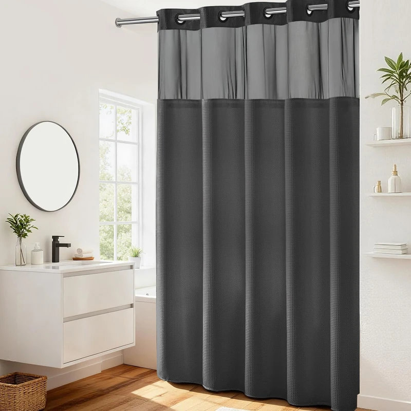 River Dream No Hooks Required Waffle Weave Shower Curtain with Snap in Liner (Graphite Grey, 71"x86")