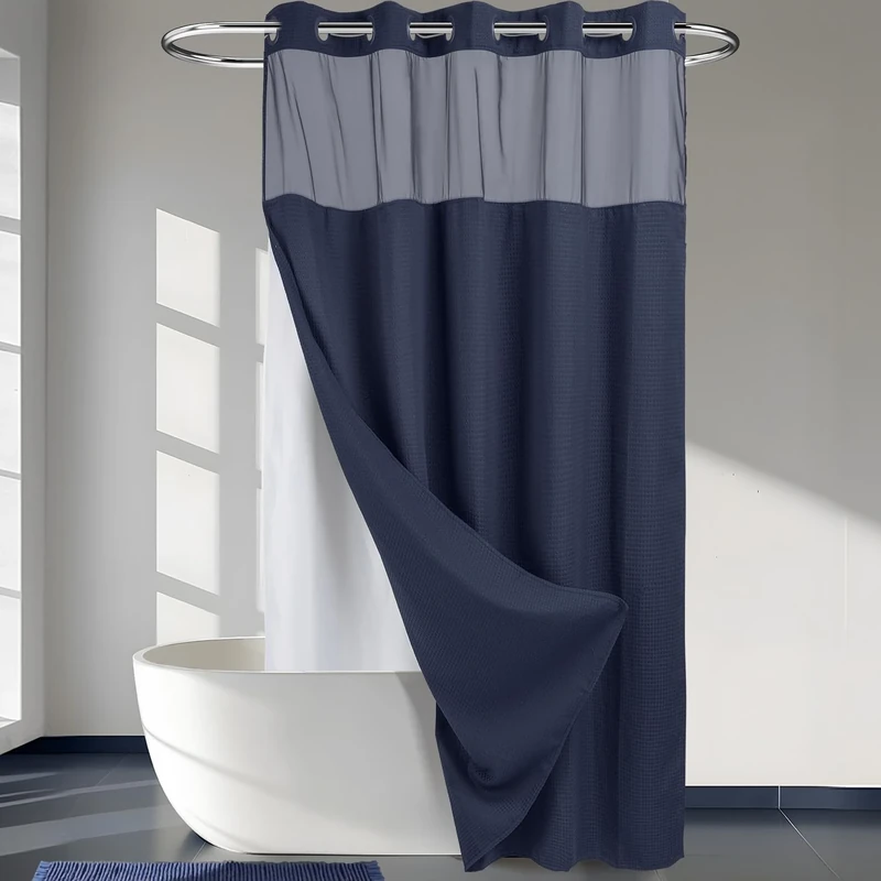 River Dream No Hooks Required Waffle Weave Shower Curtain with Snap in Liner -Extra Long 71W x 86H,Hotel Grade,Spa Like Bath Curtain,Navy