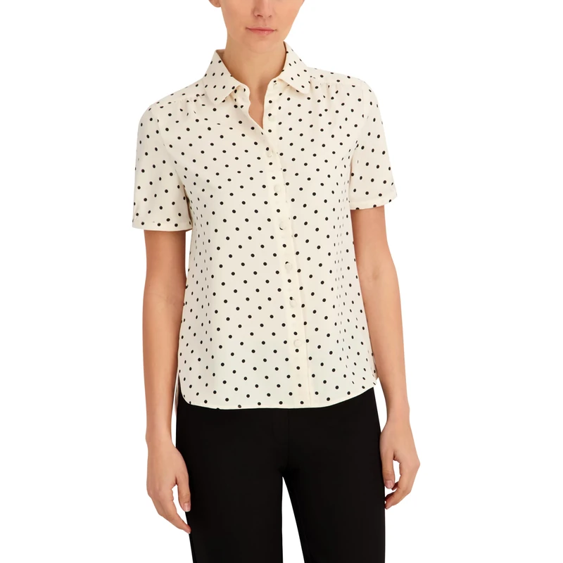 Anne Klein Women's Peter Pan Collar Short Sleeve Button Down Blouse, Anne White/Anne Black, Large