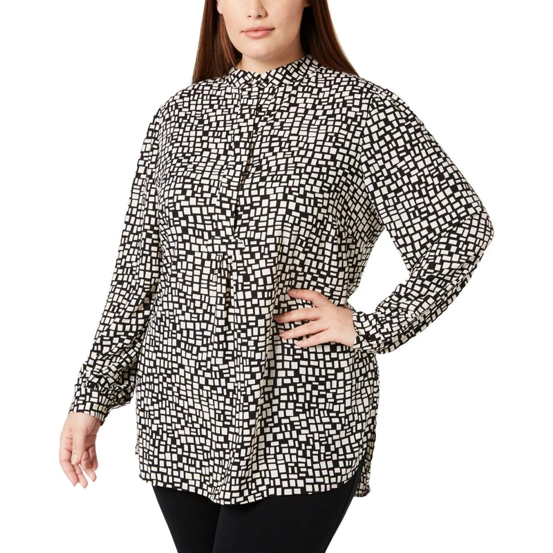 Anne Klein Women's Plus Long Sleeve Tunic Blouse, Anne Black/Anne White, 2X