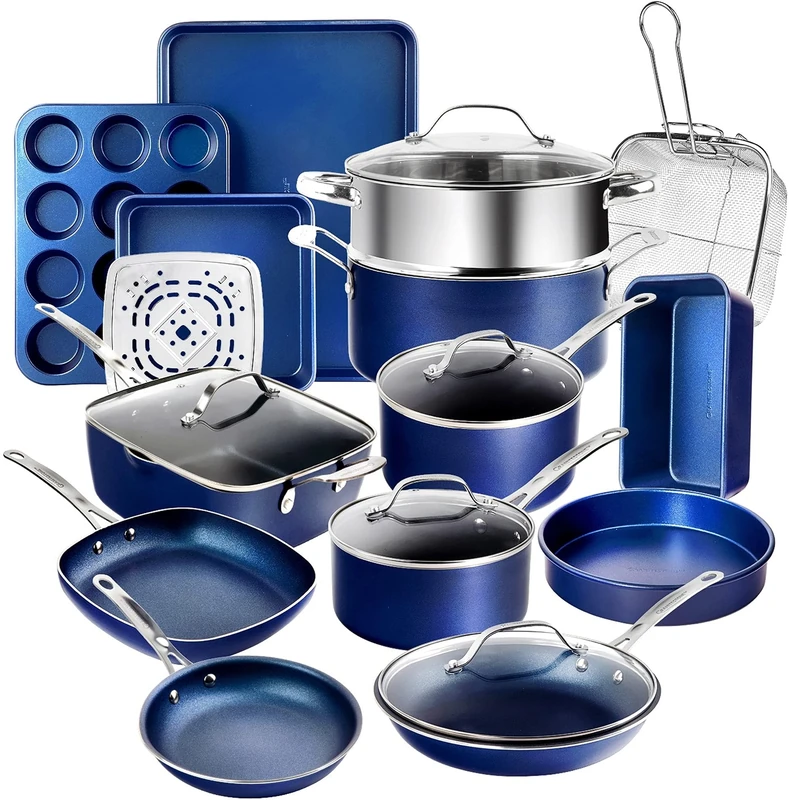 Granitestone Blue 20 Piece Pots and Pans Set, Complete Cookware and Bakeware Set with Ultra Nonstick Durable Mineral and Diamond Surface, Stainless Stay Cool Handles Oven and Dishwasher Safe