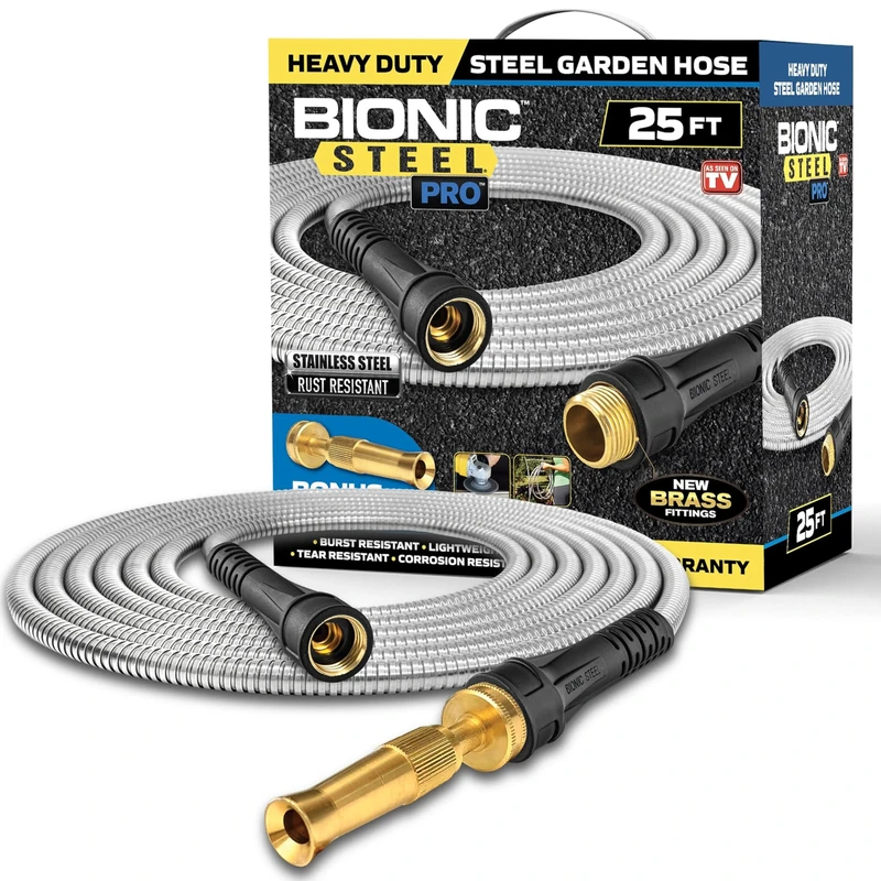 Bionic Steel PRO Garden Hose - 304 Stainless Steel Metal 25 Foot Garden Hose – Heavy Duty Lightweight, Kink-Free, and Stronger Than Ever with Brass Fittings and On/Off Valve – 2023 Model