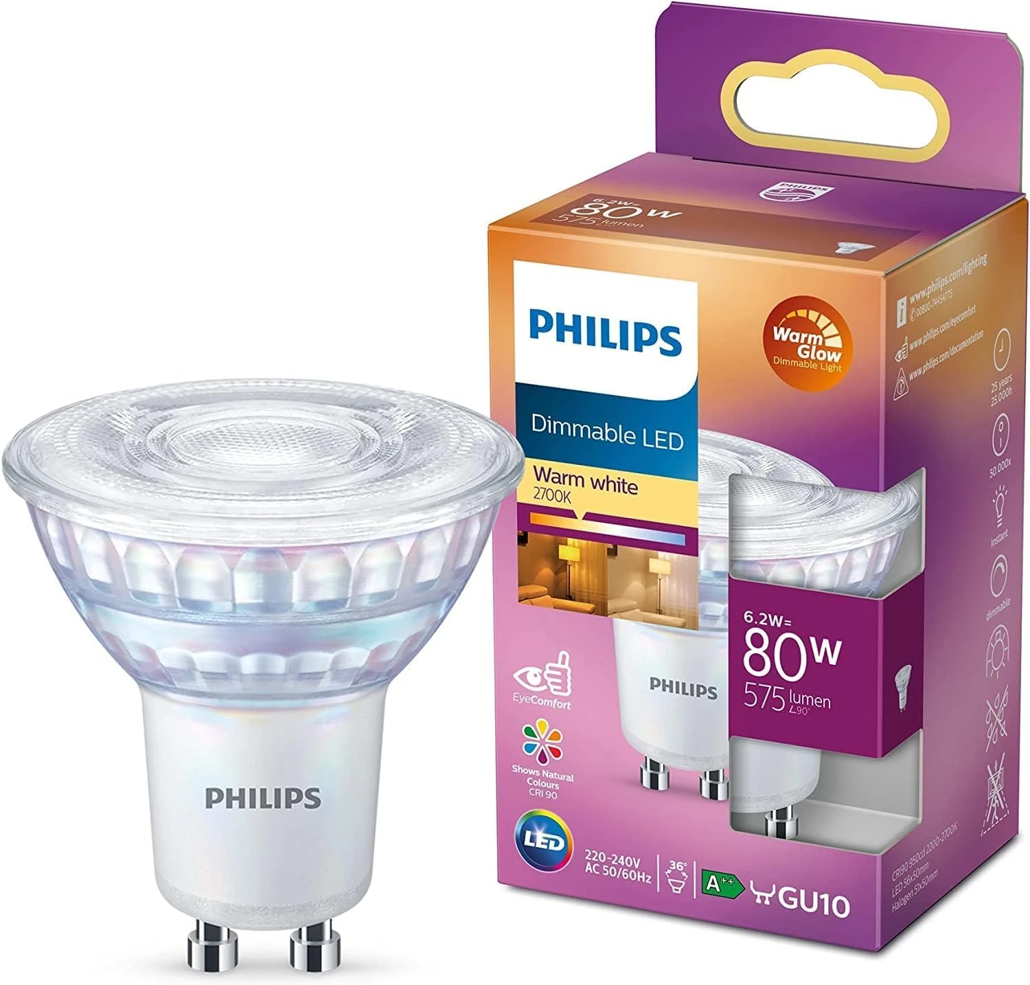Philips LED Classic Warm Glow Dimmable Light Bulb [GU10 Spot] 6.2W - 80W Equivalent, Warm White (2200-2700K). for Indoor Relaxed Home Lighting, Livingroom, Bedroom, Standard Range