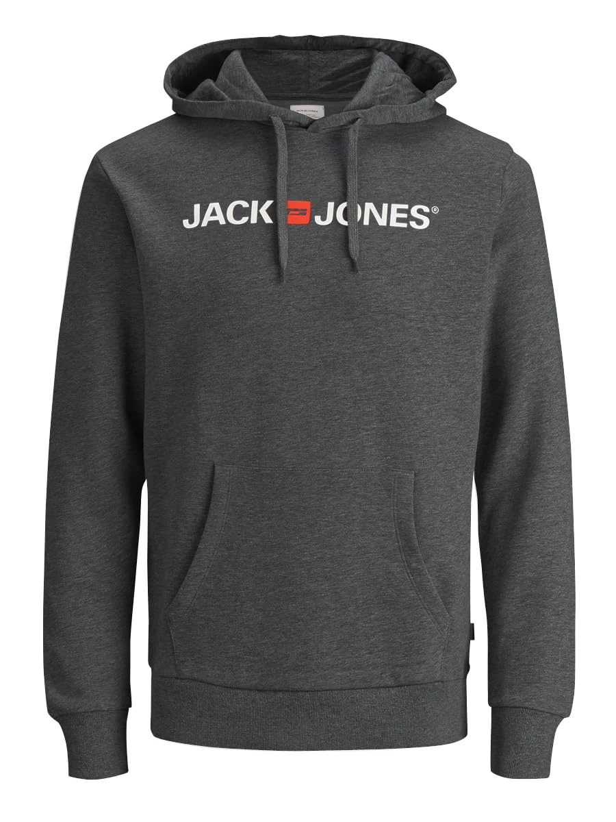 JACK & JONES Male logo hoodie, Grey (dark grey melange/reg fit - me)., XL