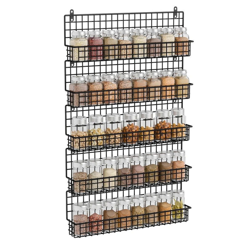 Spice Rack Organizer Wall Mounted 5-Tier Stackable Black Iron Wire Hanging Spice Shelf Storage Racks,Great for Kitchen and Pantry Storing Spices Seasoning, Household Items,Bathroom and More