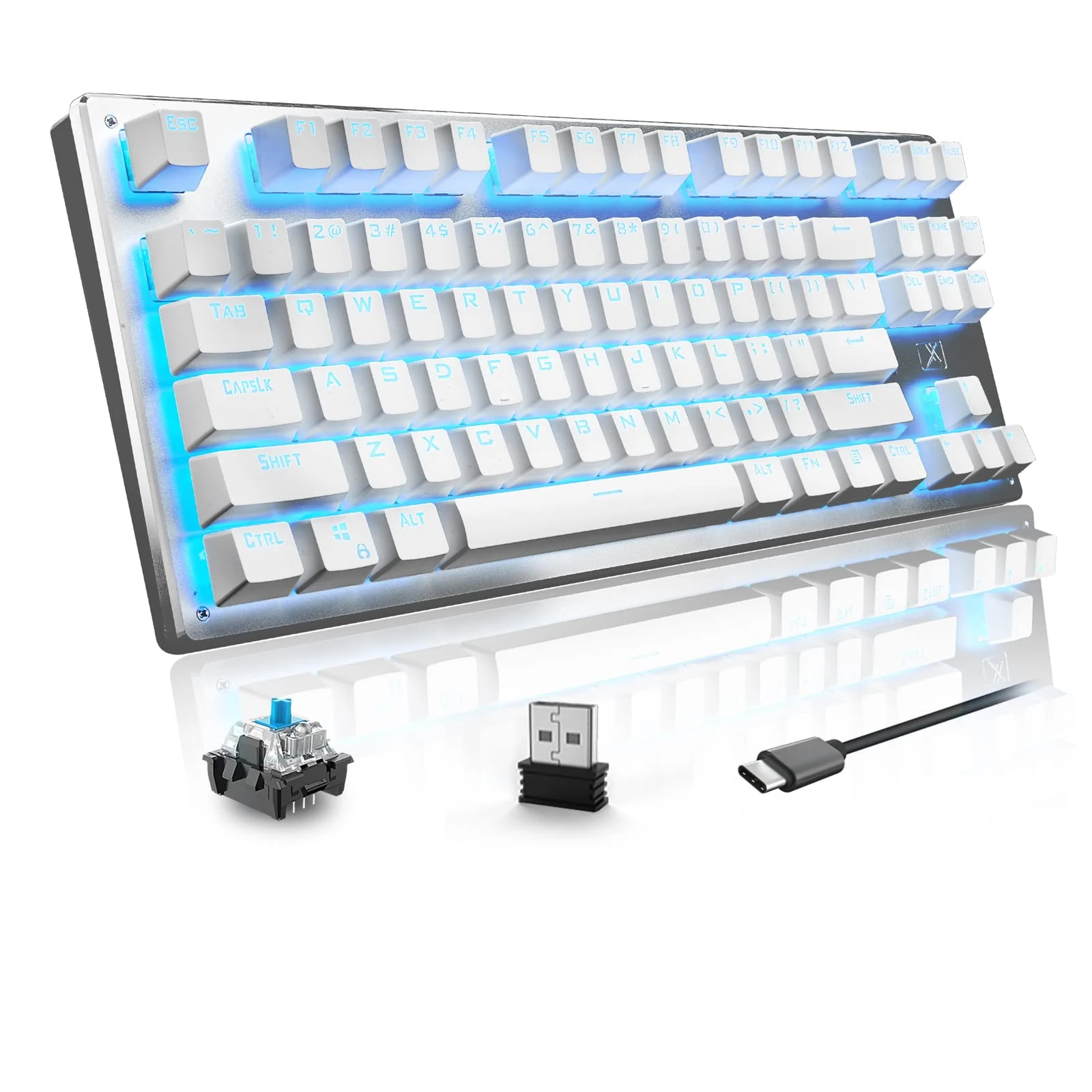 75% Wireless Mechanical Keyboard, BT5.0/2.4G/USB Wired-Tri-Mode, US Layout 87 Keys TKL Layout , Rechargeable 3300 mAh Battery Ice Blue Backlit Gaming Keyboard For Typists Gamers (White/Blue Switch)