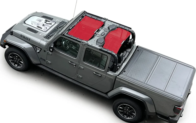 Shadeidea Sun Shade for Jeep Gladiator, JT 4 Door Top Sunshade, Front & Rear (2-Pieces) - Cherry Red Mesh Screen Wrangler Cover, UV Blocker with GrabBag Pouch (2018 - Current) - 10 Years Lasting
