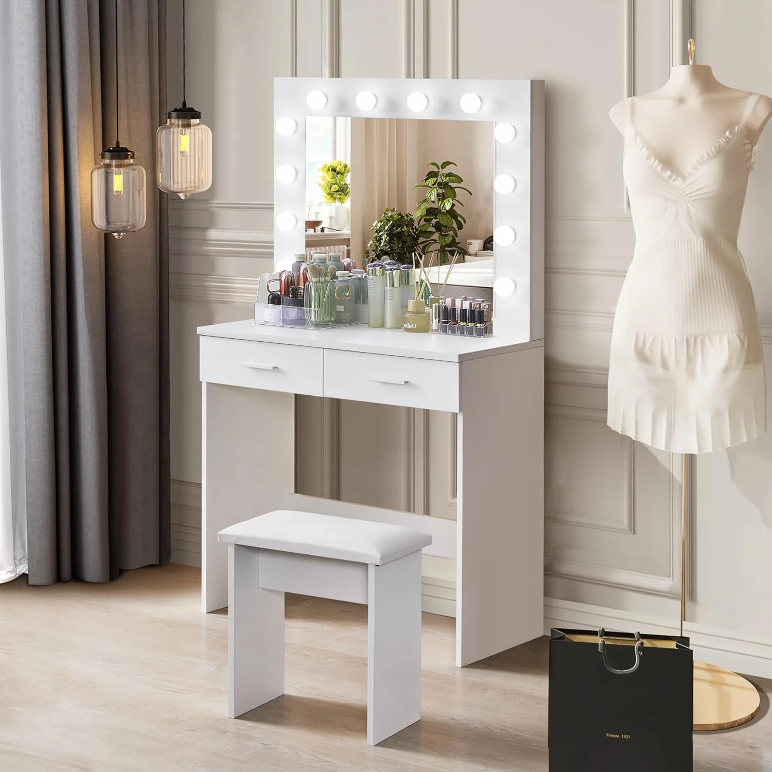 TUKAILAi White Dressing Table with LED Mirror and Stool, Adjustable Brightness, Compact Small Vanity Desk With 2 Drawers, Space Saving Makeup Desk For Bedroom Girls Women