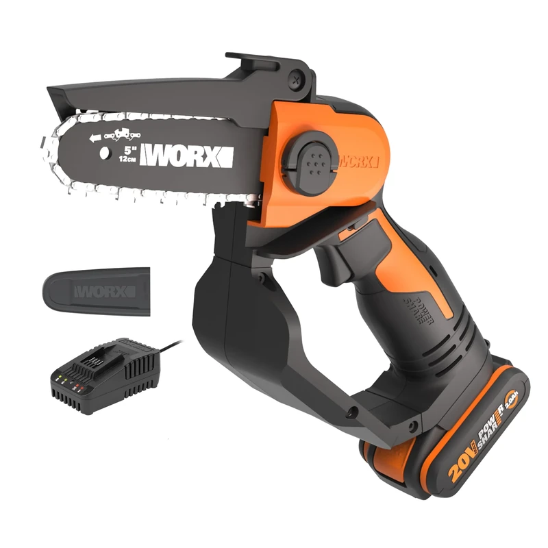 WORX WG324E 12cm 20V Cordless Compact Chainsaw with 2.0Ah Battery and Charger - Lightweight, High-Efficiency Motor, Safe Design