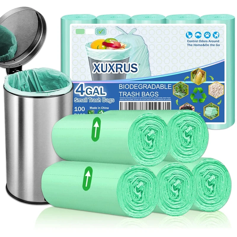 Small Bin Liners 15 Liters, 100 Counts Bin Bags Green Waste Bin Liners for Bathroom Office