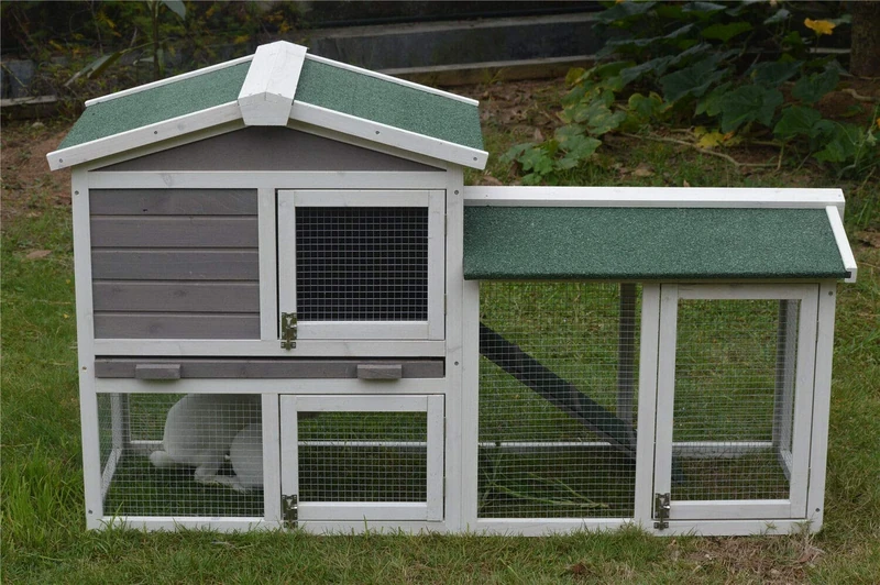 BUNNY BUSINESS The Grove Grey Double Rabbit/Guinea Pig Hutch and Run EXTRA DEPTH + Cover (GREY + COVER)