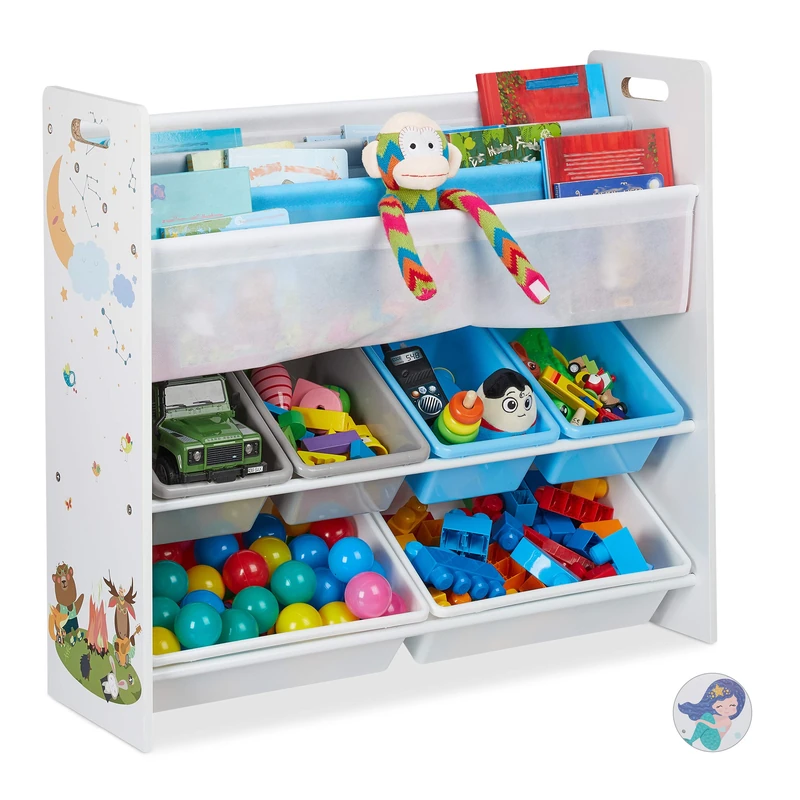 Relaxdays Children's Shelf, 6 Boxes, 4 Fabric Compartments, Campfire Motif, Toy Storage HWD 78x86x26.5 cm, Colourful