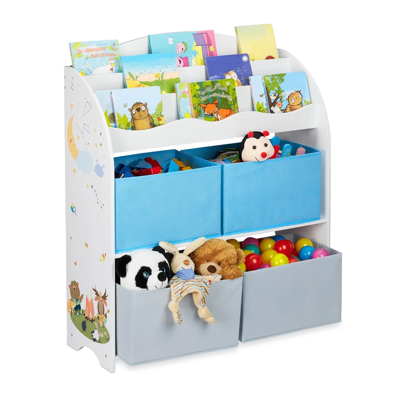 Relaxdays Children's Shelf, Campfire Motif, 4 Boxes, Compartments for Books, Storage, Bookshelf, 74x71x23 cm, Colourful, Fibreboard