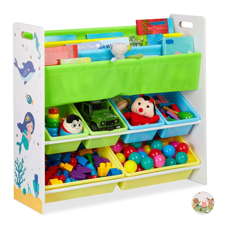 Relaxdays Children's Shelf, 6 Boxes, 4 Fabric Compartments, Cute Mermaid Motif, Toy Storage HWD 78x86x26.5 cm, Colourful