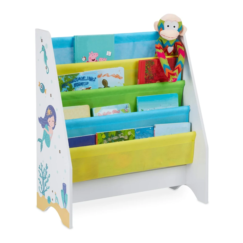 Relaxdays Children's Bookshelf, Storage Unit for Books, Mermaid Motif, Four Shelves; Stable, 72 x 62 x 29 cm, Colourful