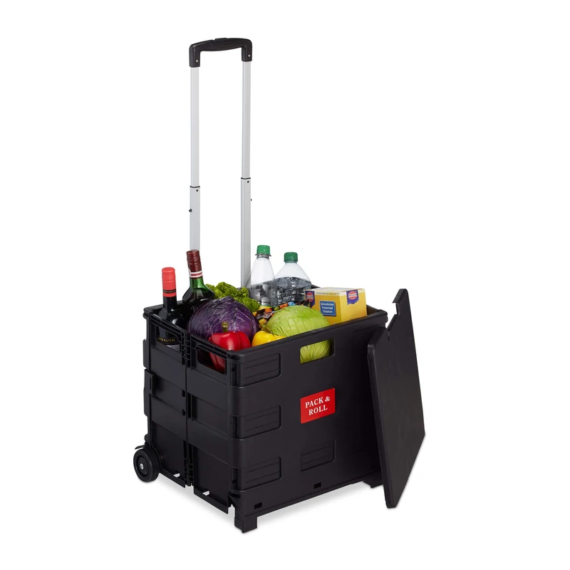 Relaxdays Shopping Trolley, Foldable, Up to 35 kg, 50 L, Telescopic Handle, Shopping Transport, HWD 99x45x38 cm, Black