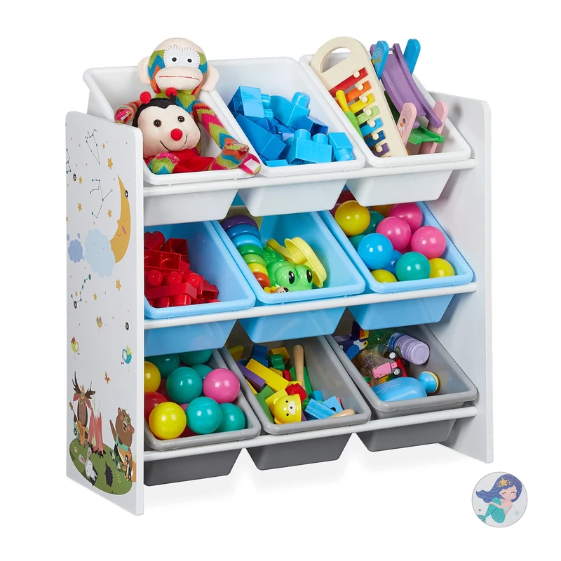 Relaxdays toy storage unit, kids organiser with 9 boxes, nursery organiser, MDF, plastic, bonfire print, colourful