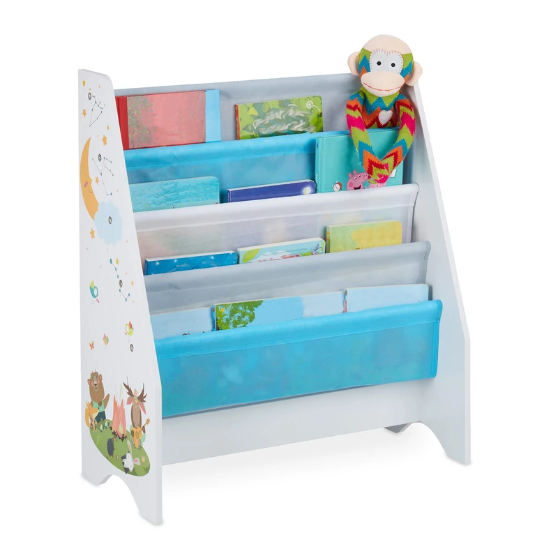 Relaxdays Children's Bookshelf, Storage Unit for Books, Campfire Motif, Four Shelves Stable, 72 x 62 x 29 cm, Colourful, Fibreboard