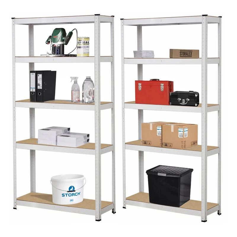Metal Garage Shelf, 180 x 90 x 40 cm, High Capacity 875 kg, 5 Shelves Mdf, Space-Saving Shelf, Ideal for Garage, Workshop, Basement, Warehouse, Modular Design (Double, White)