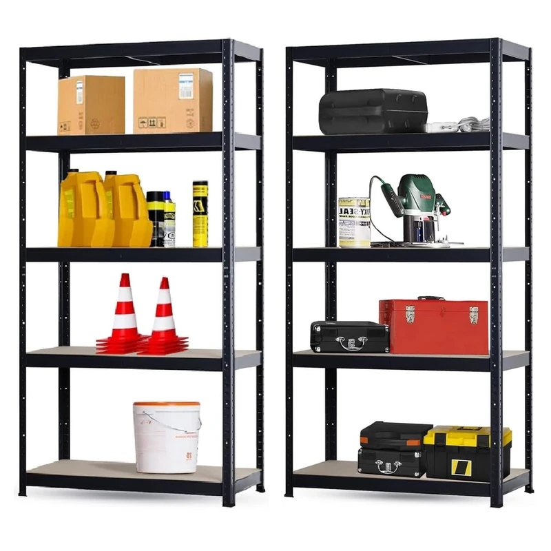 Brigros Metal Garage Shelf, 180 x 90 x 40 cm, High Load 875 kg, 5 Shelves Mdf, Space-Saving Shelf, Ideal for Garage, Workshop, Basement, Warehouse, Modular Design (Double, Black)