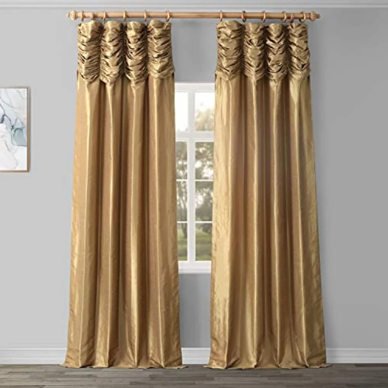 HPD HALF PRICE DRAPES Ruched Faux Dupioni Silk Curtains for Living Room 50 X 84 (1 Panel), PDCH-KBS8-84-RU, Flax Gold
