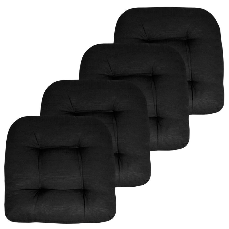 Sweet Home Collection Patio Cushions Outdoor Chair Pads Premium Comfortable Thick Fiber Fill Tufted 19" x 19" Seat Cover, Black, Pack of 4