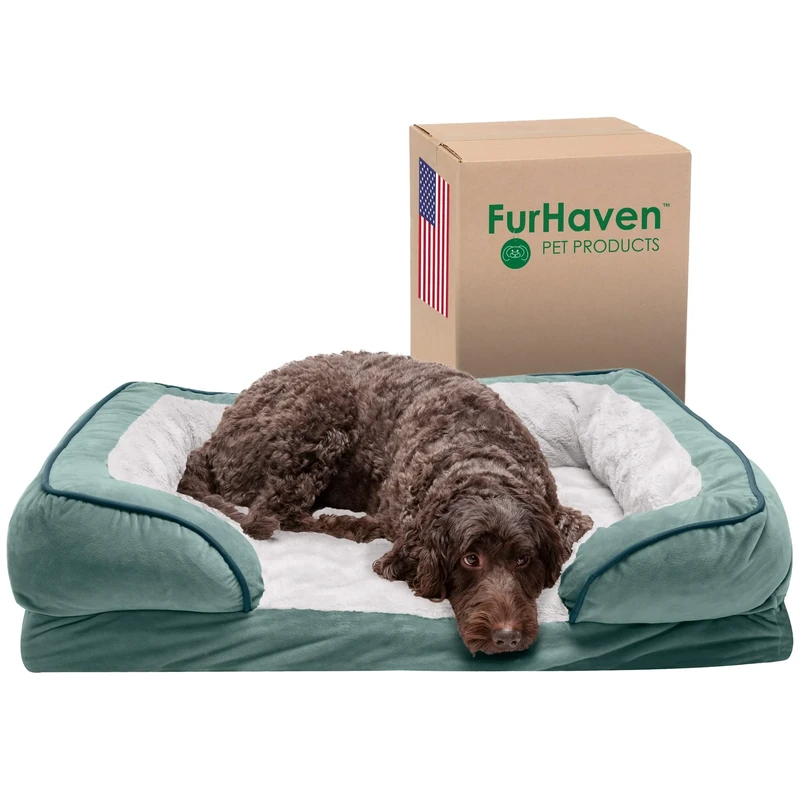 FurHaven Cooling Gel Dog Bed for Large/Medium Dogs w/Removable Bolsters & Washable Cover, For Dogs Up to 55 lbs - Plush & Velvet Waves Perfect Comfort Sofa - Celadon Green, Large