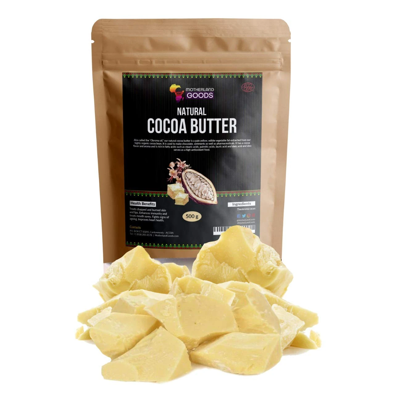 MOTHERLAND GOODS Natural Cocoa Butter Chunks – Ultimate Raw Body Butter – Perfect for DIY and Craft Projects – Organic Butter Keep Scars Away – Premium Raw Butter From Ghana, West Africa (16 Oz)