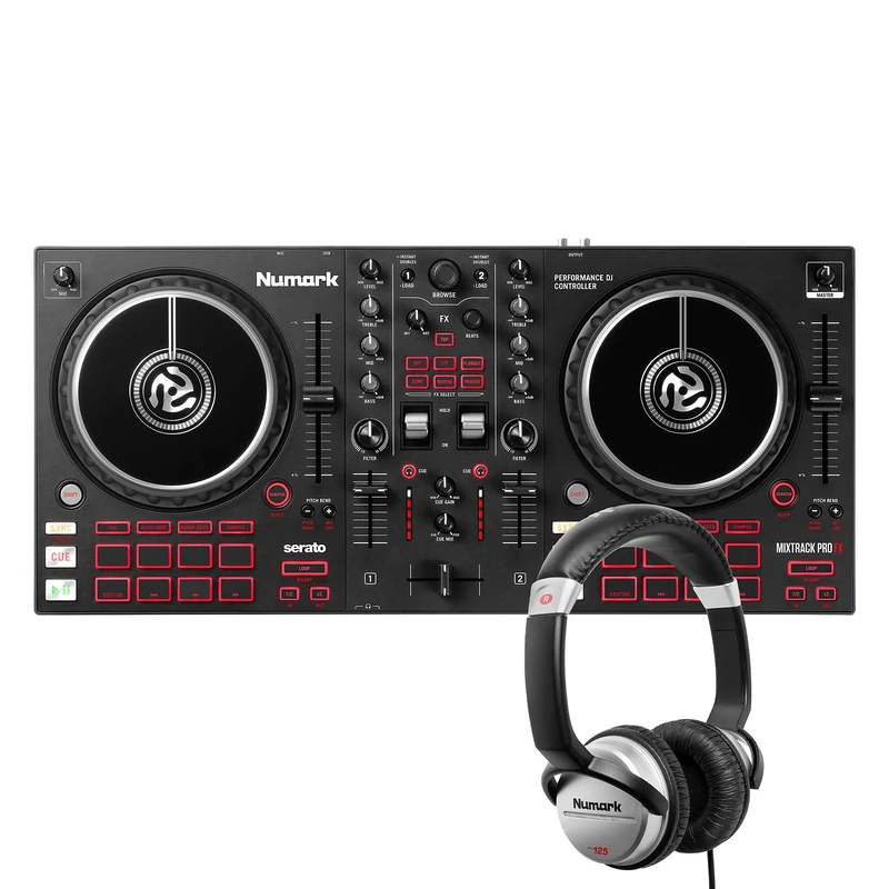 Numark Mixtrack Pro FX & HF125 Bundle – 2 Deck DJ Controller with DJ Mixer, Audio Interface and FX Paddles + Ultra-Portable Professional DJ Headphone