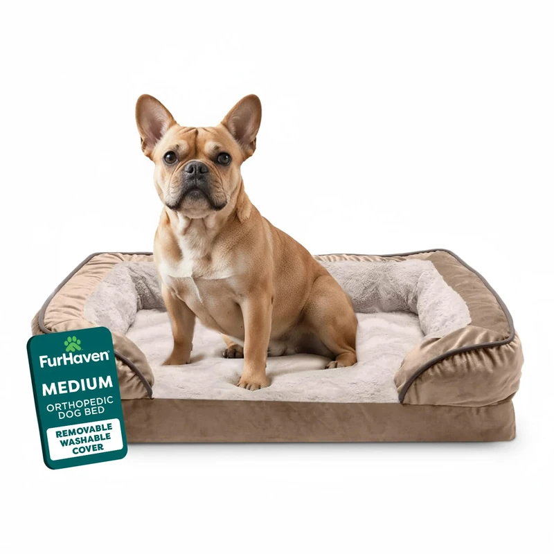 Furhaven Medium Orthopedic Dog Bed Perfect Comfort Plush & Velvet Waves Sofa-Style w/Removable Washable Cover - Brownstone, Medium