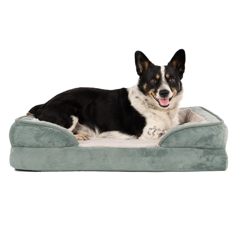 Furhaven Cooling Gel Dog Bed for Medium/Small Dogs w/Removable Bolsters & Washable Cover, For Dogs Up to 35 lbs - Plush & Velvet Waves Perfect Comfort Sofa - Celadon Green, Medium