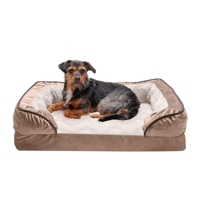 Furhaven Medium Memory Foam Dog Bed Perfect Comfort Plush & Velvet Waves Sofa-Style w/Removable Washable Cover - Brownstone, Medium
