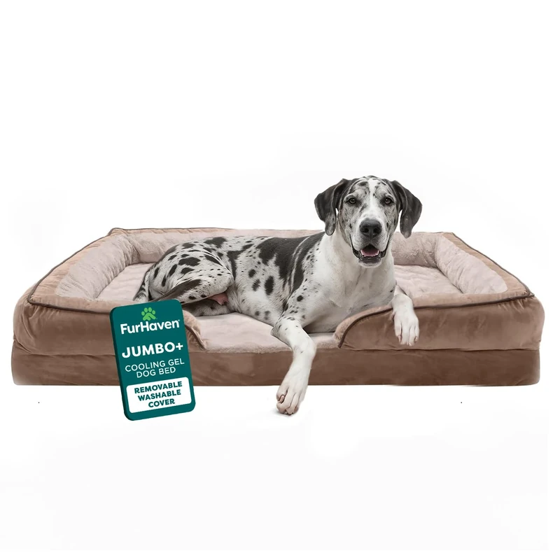Furhaven Cooling Gel Dog Bed for Large Dogs w/Removable Bolsters & Washable Cover, For Dogs Up to 125 lbs - Plush & Velvet Waves Perfect Comfort Sofa - Brownstone, Jumbo Plus/XXL
