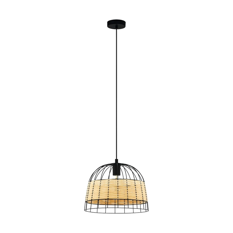 EGLO Anwick Pendant Light, 1-Bulb Vintage Boho Pendant Light Made of Steel and Rattan, Dining Table Lamp, Living Room Lamp, Hanging in Black, Natural, E27 Socket, Diameter 37 cm