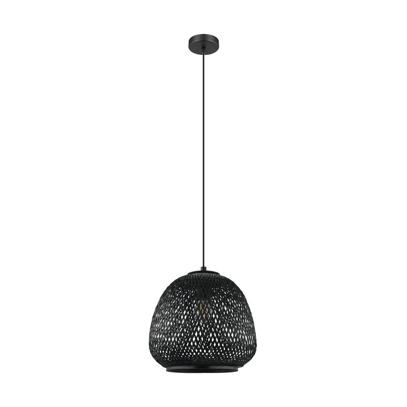 EGLO Dembleby 1 Pendant Light, 1-Bulb Vintage Boho Pendant Light Made of Steel and Wood in Black, Dining Table Lamp, Living Room Lamp Hanging with E27 Socket