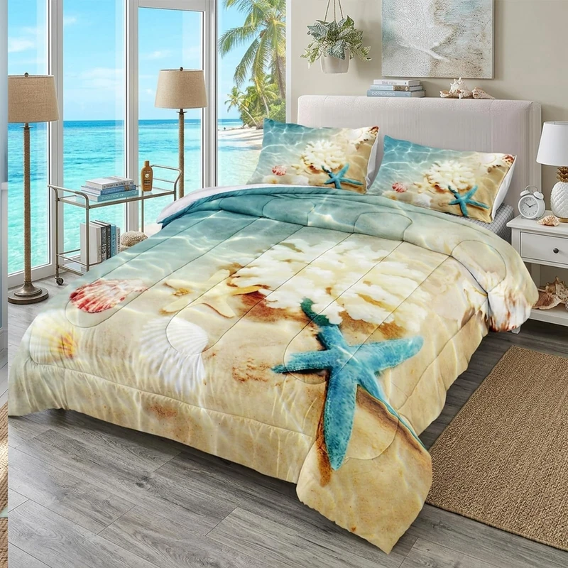 Bedbay Coastal Bedding Set Queen Size Comforter Set Sea Shell Starfish Ocean Decor Teal Comforter Set Queen 3 Piece Beach Theme Bedding Comforter (Coastal, Queen)