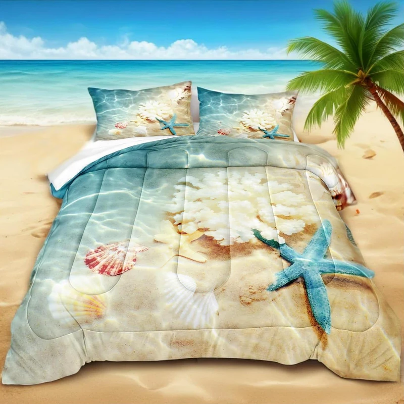 Bedbay Coastal Bedding Set King Size Beach Comforter Set Blue Ocean Sea Shell Beach Theme Decor Turquoise Teal Comforter Set 3 Pieces for Teen Adults(Coastal, King)