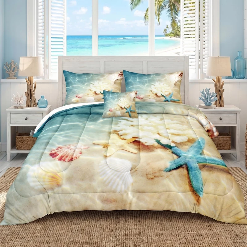 Bedbay Beach Twin Comforter Set Coastal Bedding Set Blue Ocean Seashell Starfish Beach Themed 2 Pieces Bed Comforter Twin Size 1 Comforter 1 Pillowcase (Ocean, Twin)
