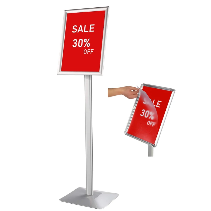 DISPLAYSWORKER Adjustable Heavy Duty Pedestal Sign Holder Floor Stand,Sign Stand Poster Stand Aluminum Snap Open Frame,Standing Floor for 11x 17 inch,Vertical/Horizontal View,Silver
