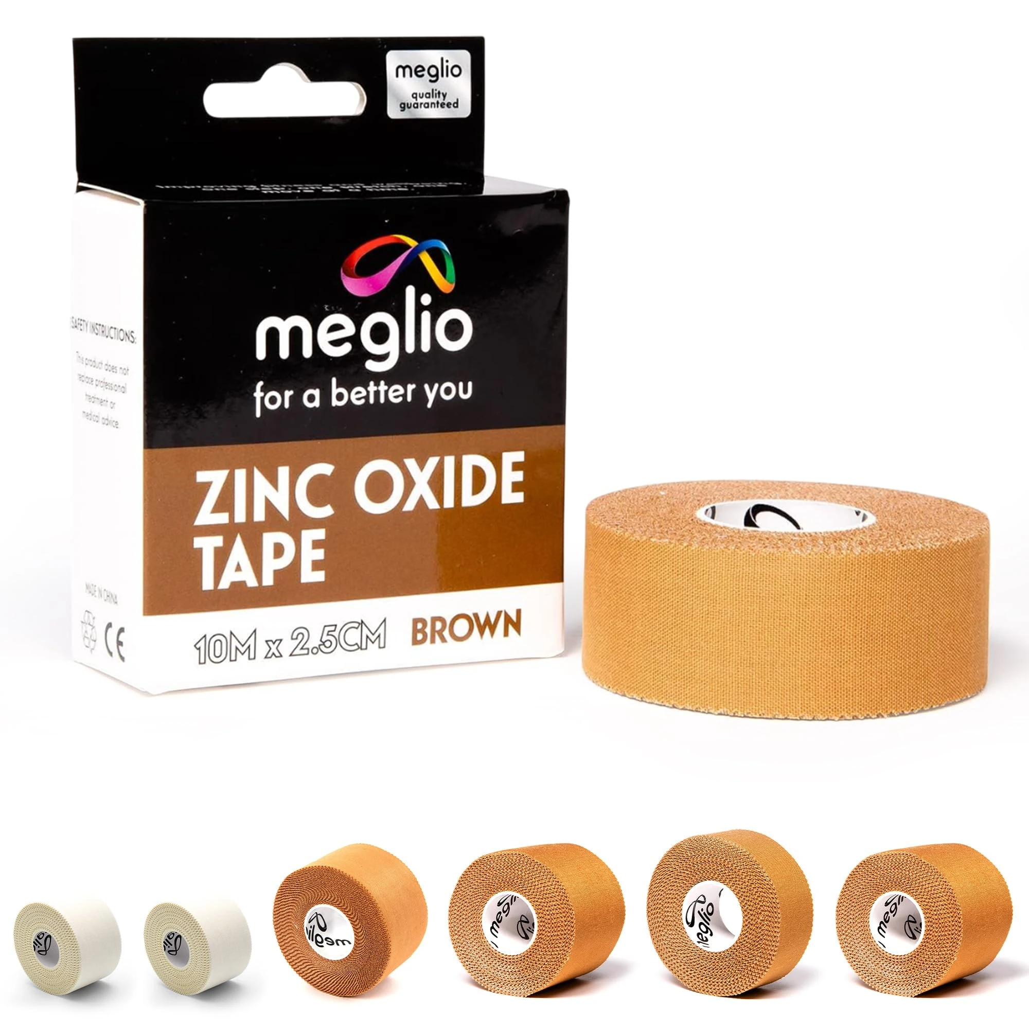 Meglio Zinc Oxide Tape - Strong Athletic Sports Strapping Tape for Support & Injury Recovery, Blister Prevention Tape, Ankle, Foot, Running, Rugby & Climbing, Non-Slip Grip Tape | (Brown) 10m x 2.5cm