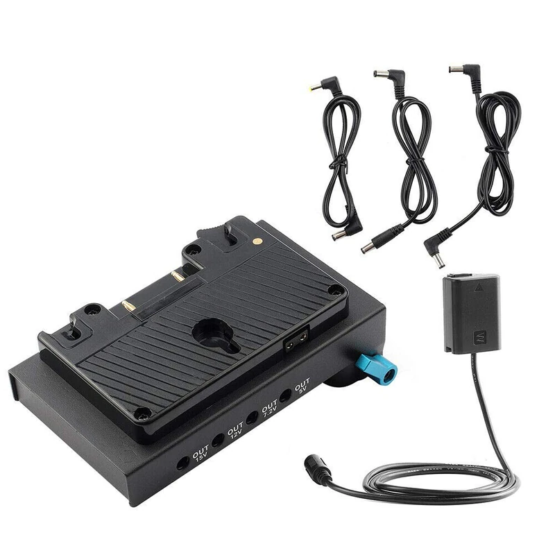 FOTGA FTNJ319 Anton Bauer Gold Mount Power Supply Station for 15 mm DSLR Rig with NP-FW50 Dummy Battery for Sony A7 A7R A7S A7II A7RII A7SII A6000 A6100 A6300 A6400A6500 Camera, Monitor, EVF, DC/D-tap Output