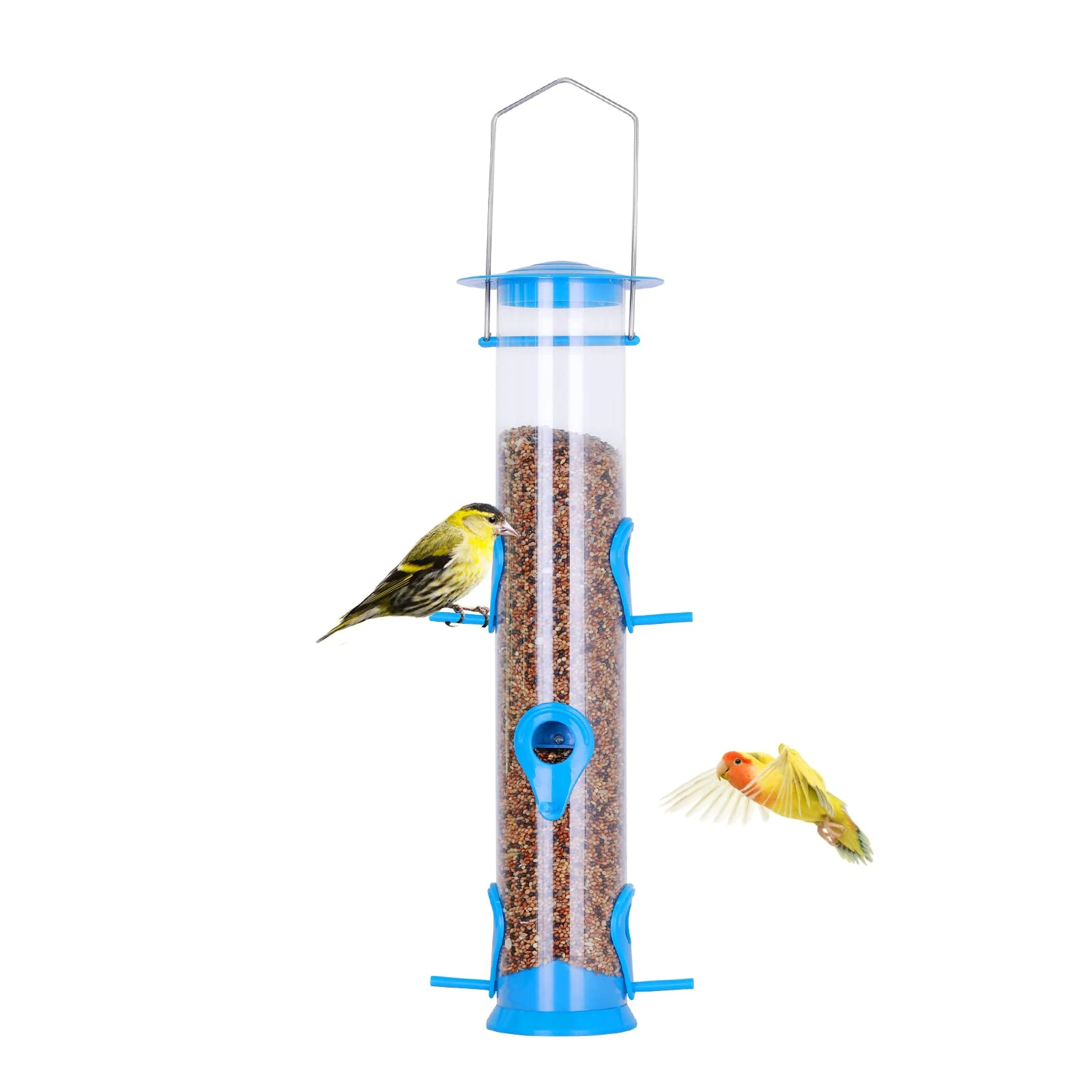 Urban Deco Hanging Plastic Tube Bird Feeder With 6 Ports - Niger Seed and Fat Ball Feeder for Small Birds - Steel Hanger, Weatherproof - Blue - 1 Pack