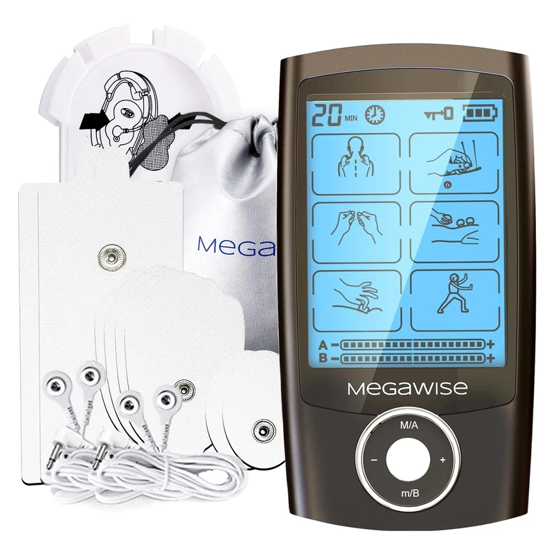MegaWise 48 Modes（24 * 2） Dual Channel EMS TENS Unit Muscle Stimulator with 14Pcs Reusable Electrode Pads. Rechargeable Continuous Mode Electronic Pulse Massager with Storage Pouch/Pads Holder