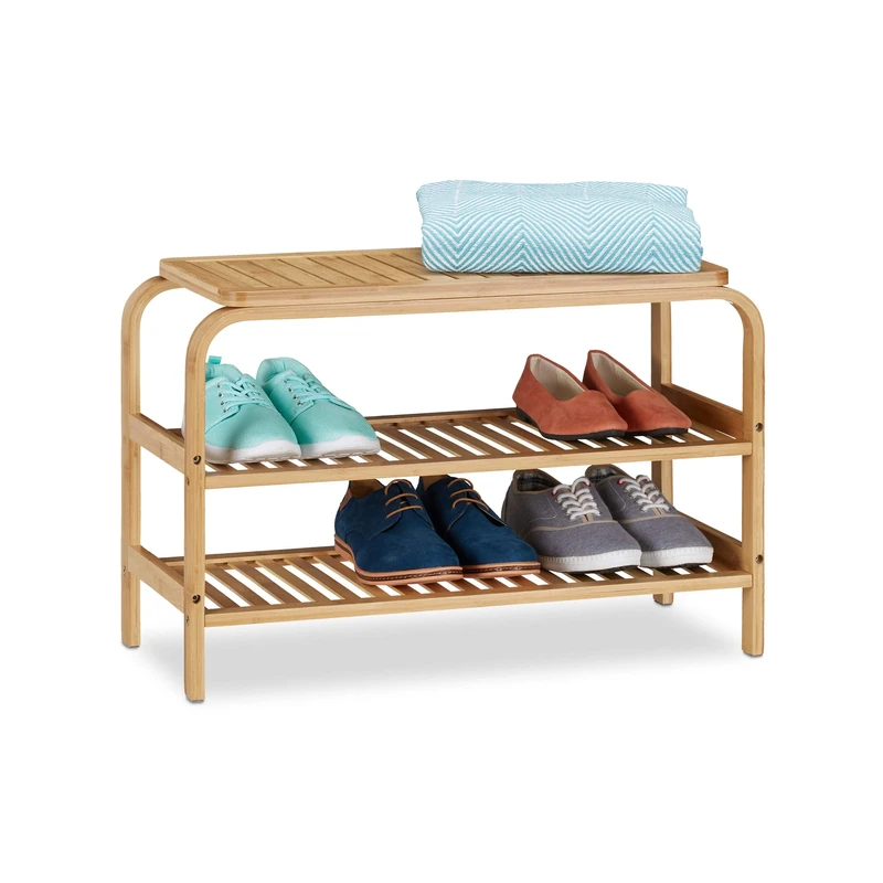 Relaxdays Bamboo Shoe Bench, 6 Pairs of Footwear, Hallway, Bathroom, 2 Levels, Wardrobe Bank HxWxD: 45x70x30 cm, Natural